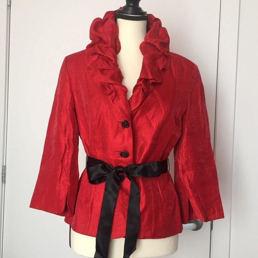 Adrianna Papell Red Ruffled Collar Satin Blazer with Black Sash